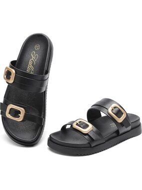 Stylish Women's Flat Sandals with Two Straps, Buckle Detail & Arch Support